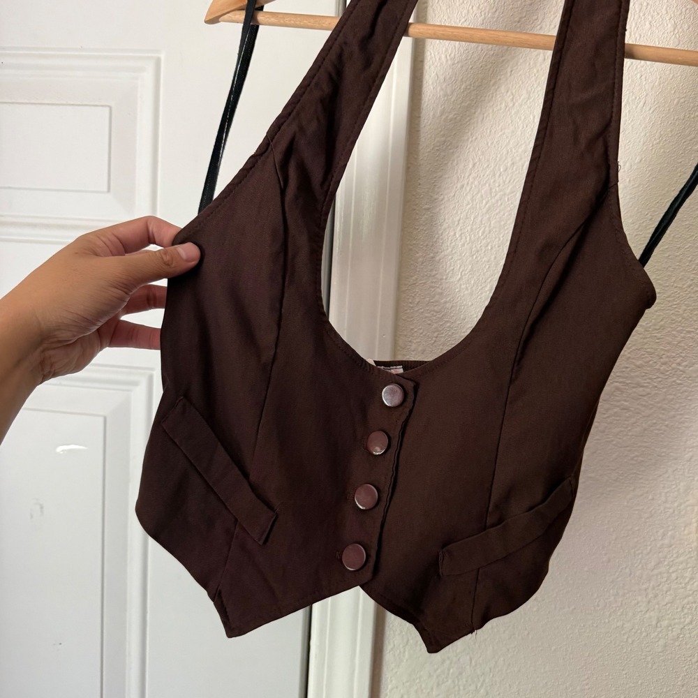 VINTAGE y2k brown paper tag halter neck cropped vest tuxedo top - Picture 2 of 5